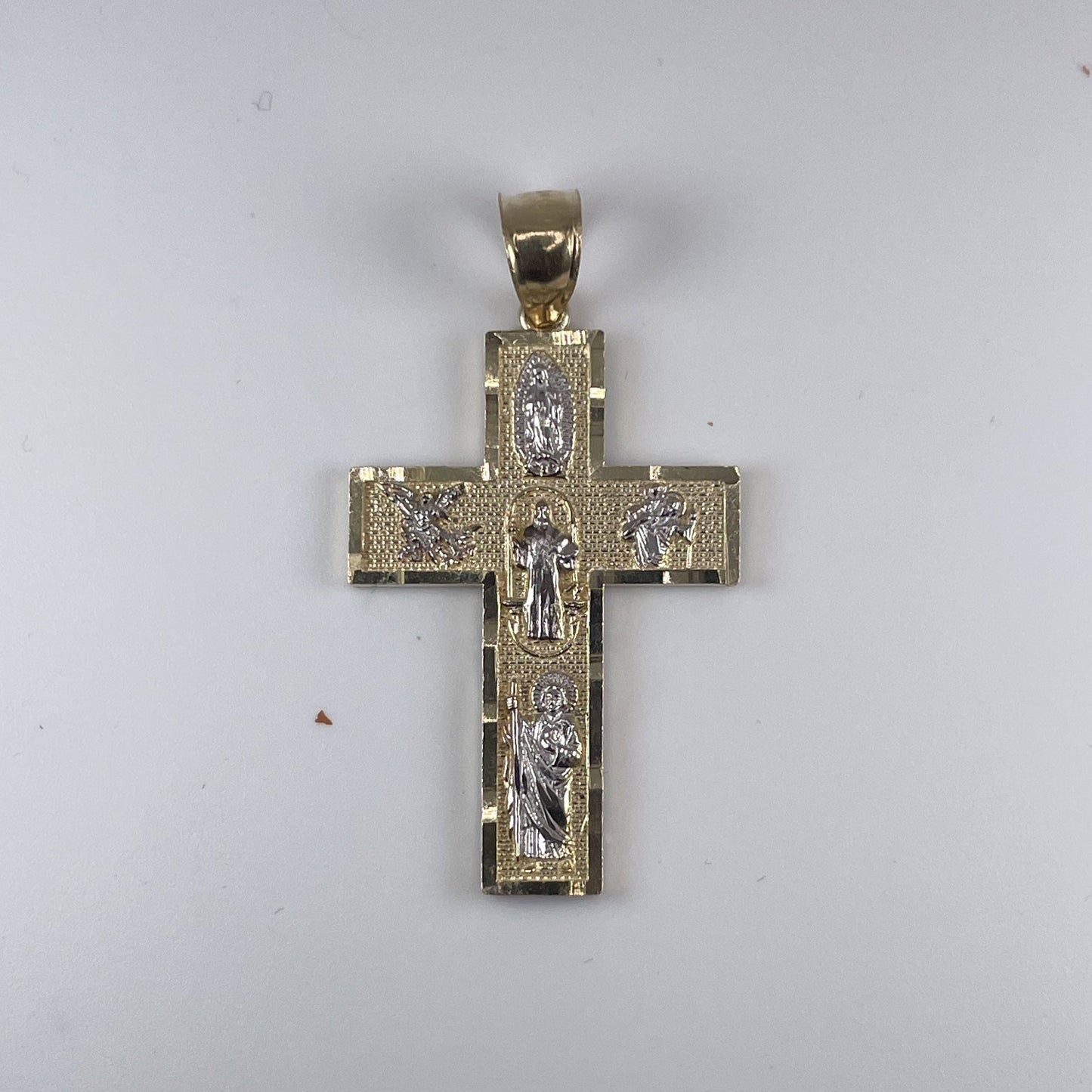 10K Gold 3gm D/Cut Cross with Saint n Virgin Mary on Cross Pendant