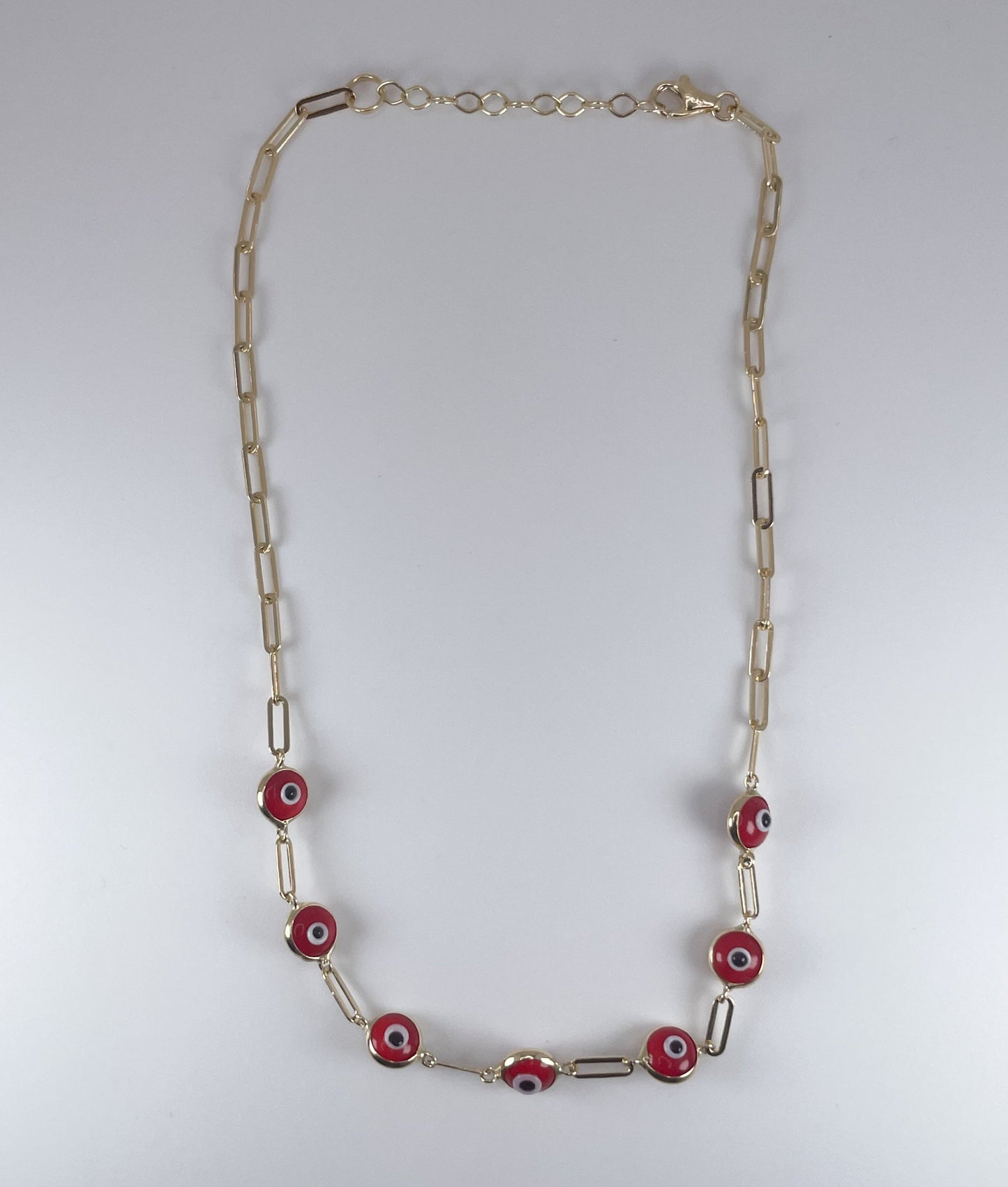 14K Gold 3gm Evil Eye Red Color Paper Clip Style 11" Anklet