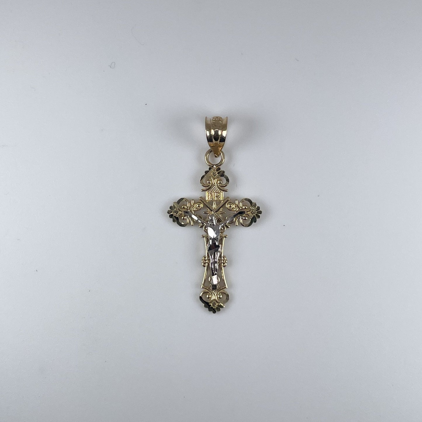 10K Gold 1.2gm Filigree Design D/Cut Cross 2 Tone with Jesus