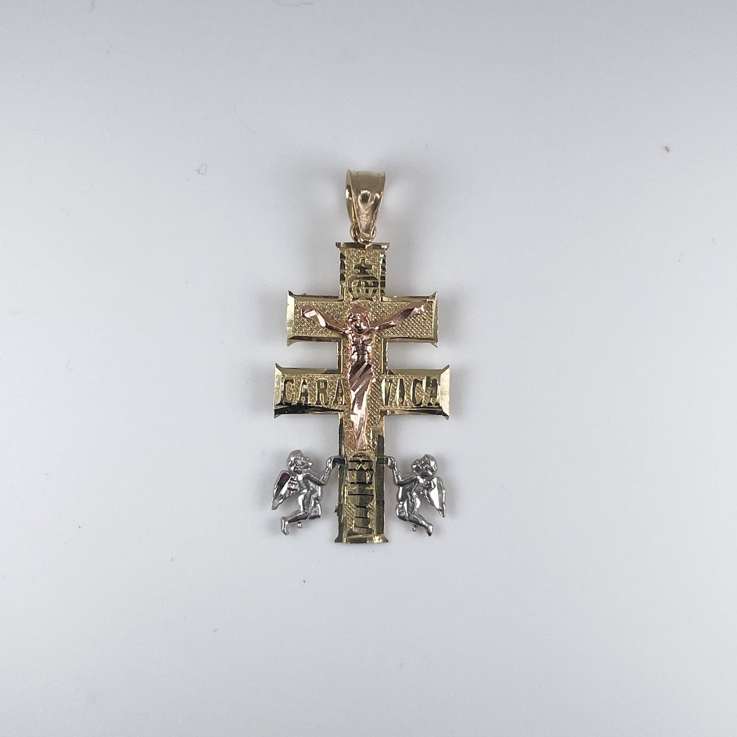 10K Gold 2.2gm Caravaca D/Cut Cross 3 Tone Pendant