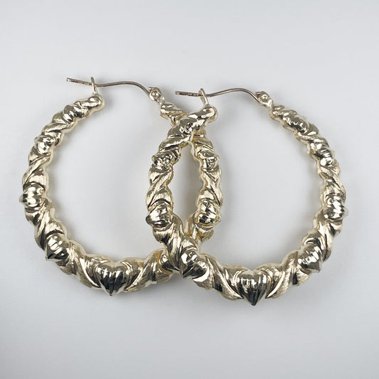 10K Gold 3.6gm Hoop Earrings with Hearts 1" Wide D/Cuts