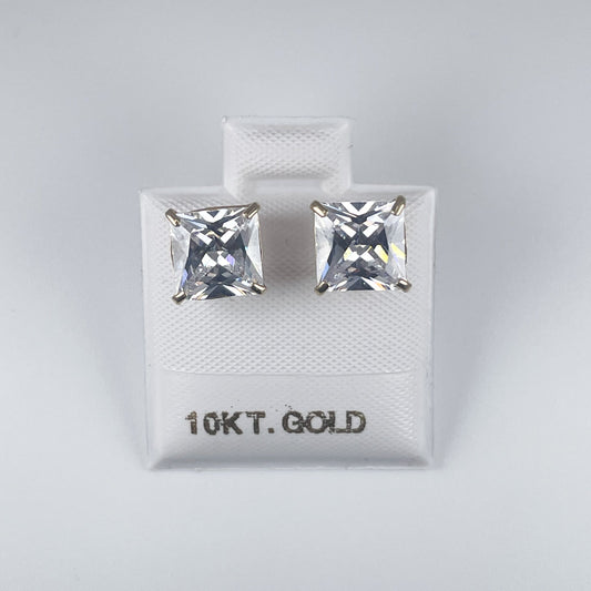 10K Gold 7mm Square Stud Earrings Screw Back with Cubic Zirconia