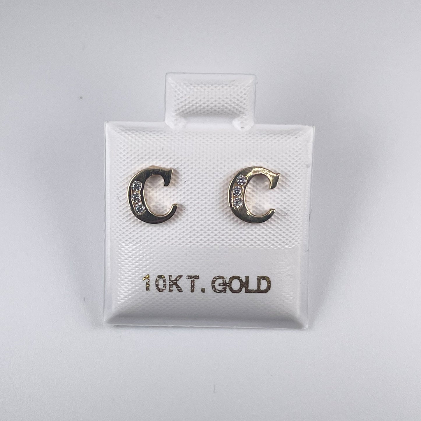 10K Gold Initial Stud Earrings with Cubic Zirconia, Push Back