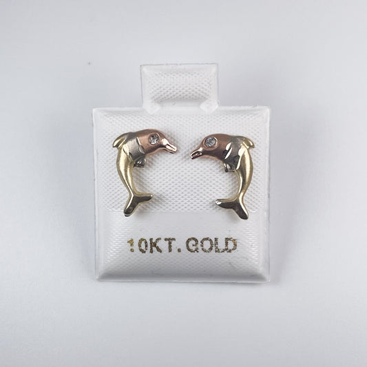 10K Gold Stud 2 Tone Dolphin Earrings with Screw Back