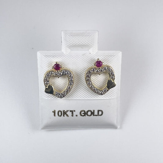 10K Gold Stud Heart Earrings with Red n Clear Cubic Zirconia, Push Back