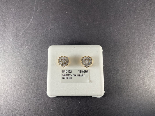 10K YELLOW GOLD HEART DIAMOND STUD EARRING 1/6 th. Screw Back $199